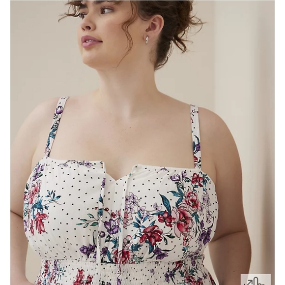 Torrid Tie Front Smocked Waist White Floral Gauze Full Skirted Mini Dress - Picture 4 of 7